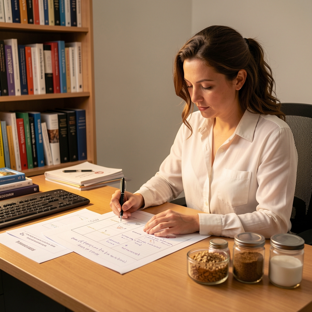 A nutrition specialist reviewing a structured dietary assessment document on a desk, with annotated charts, a tablet, and whole food ingredients arranged systematically under studio lighting