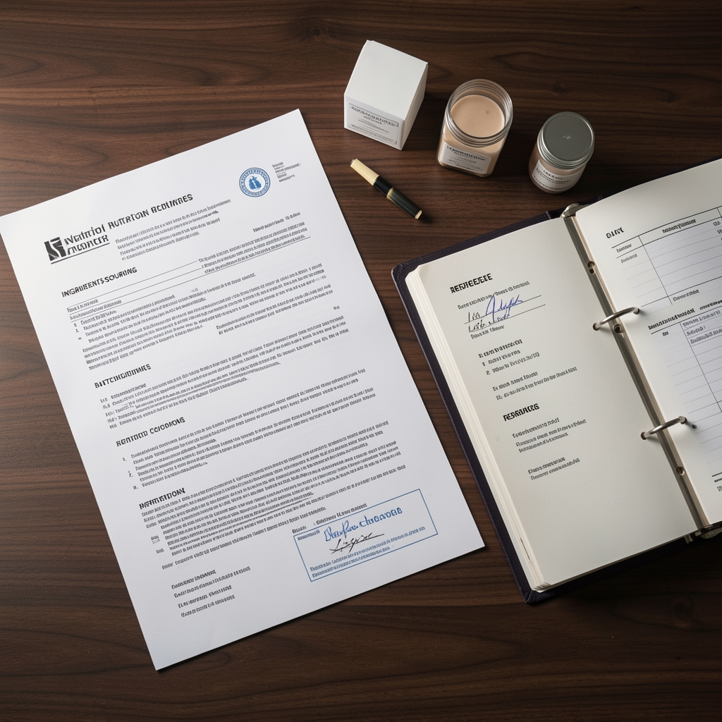 Neatly organized nutrition research workspace showing printed ingredient sourcing documentation, batch verification certificates, and open reference binders on a dark wooden surface under controlled lighting