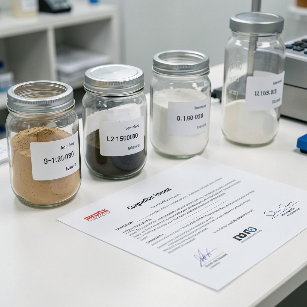 Close-up of glass ingredient jars with lot number labels and composition certificates laid flat on a clean white surface in a quality-control environment
