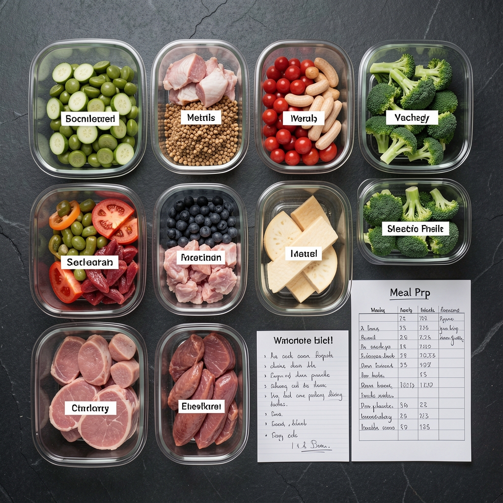 Overhead flat-lay of a structured weekly meal prep layout on a dark stone surface, with labeled glass containers, fresh protein sources, and handwritten tracking notes under studio lighting