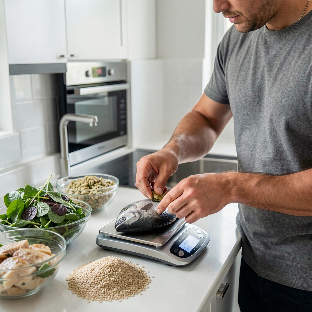 Close-up of a man preparing a high-protein meal in a modern kitchen, weighing ingredients on a digital food scale with fresh fish, greens, and whole grains visible on the counter