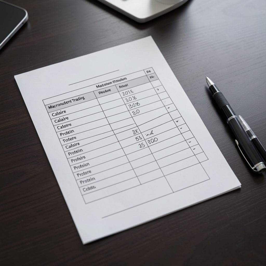 Printed macronutrient tracking worksheet with hand-filled calorie and protein columns next to a pen on a dark desk surface