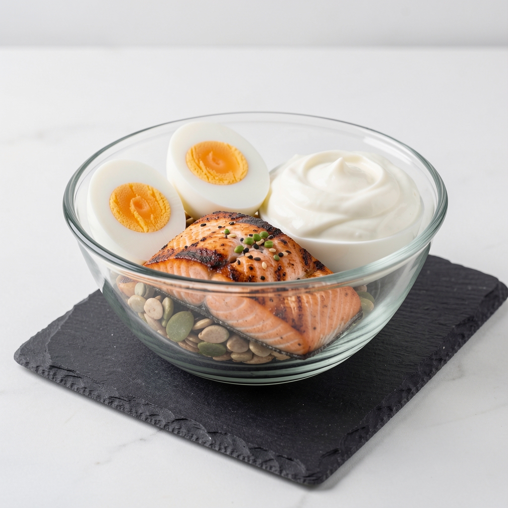 Glass bowl of whole food protein sources including grilled salmon fillet, hard-boiled eggs, and Greek yogurt arranged on a clean slate surface under studio lighting